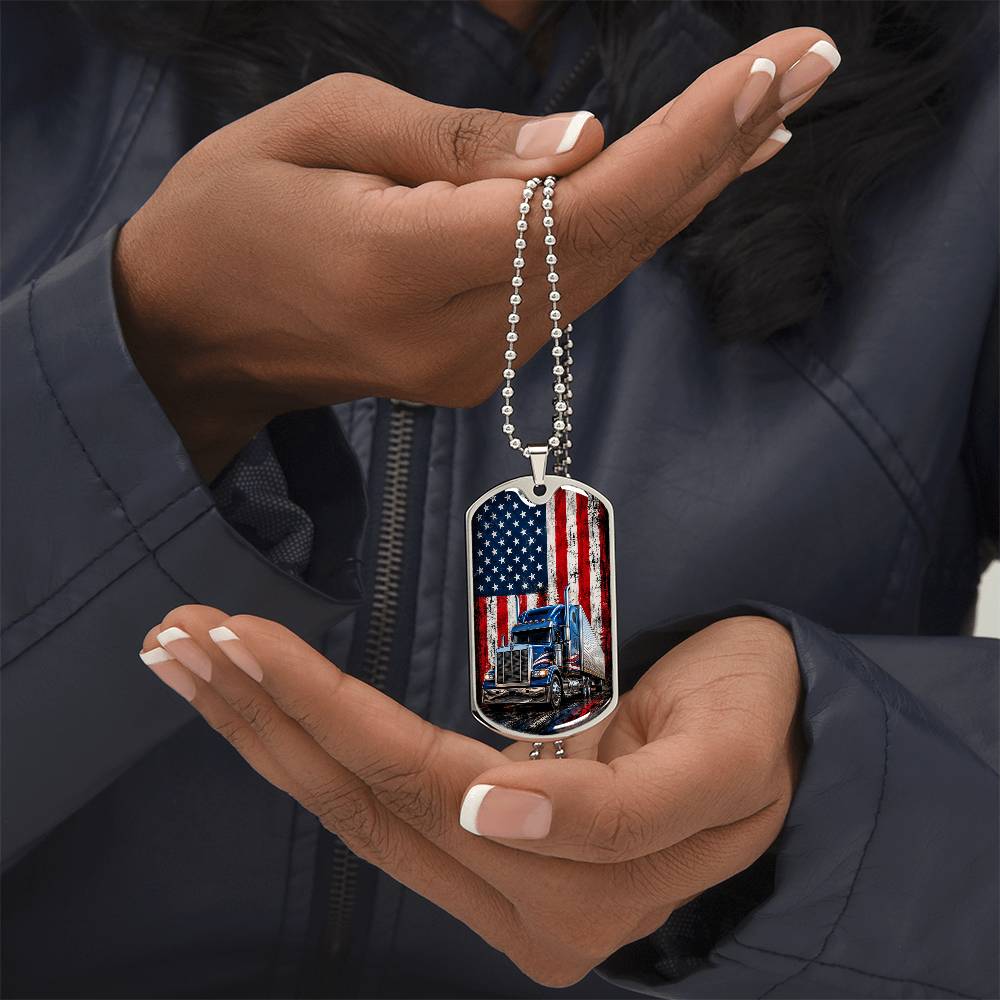 Patriotic American Flag Semi Truck Dog Tag Necklace | Trucker Gift for Men