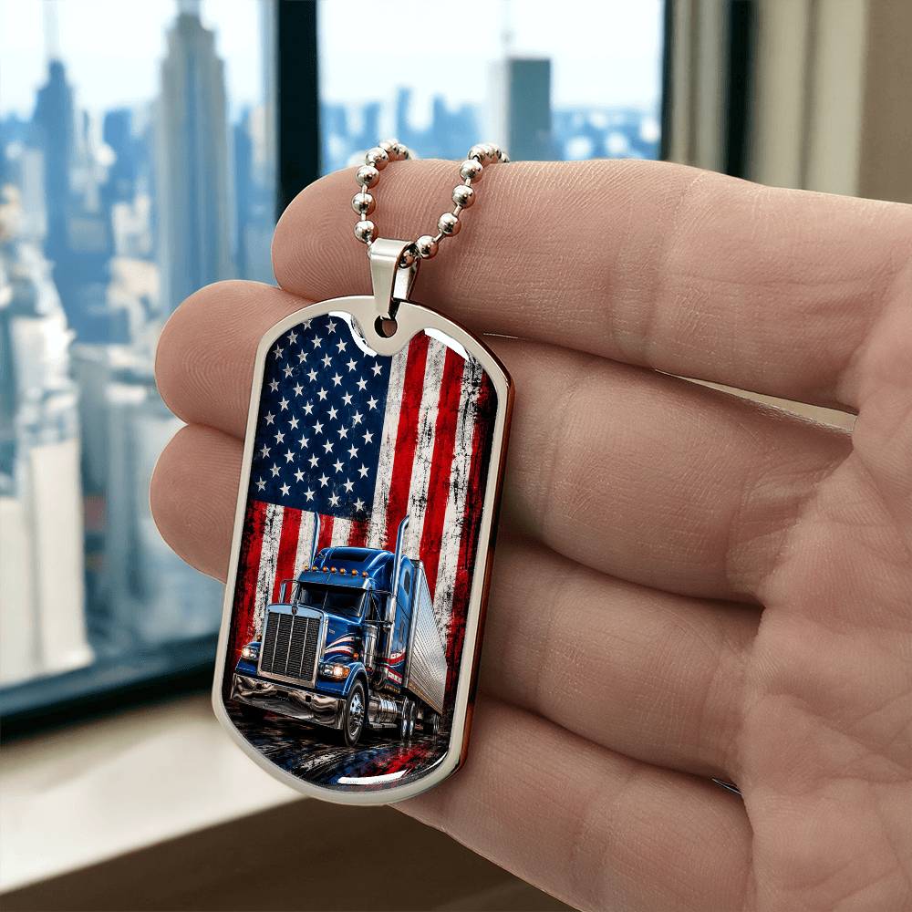 Patriotic American Flag Semi Truck Dog Tag Necklace | Trucker Gift for Men