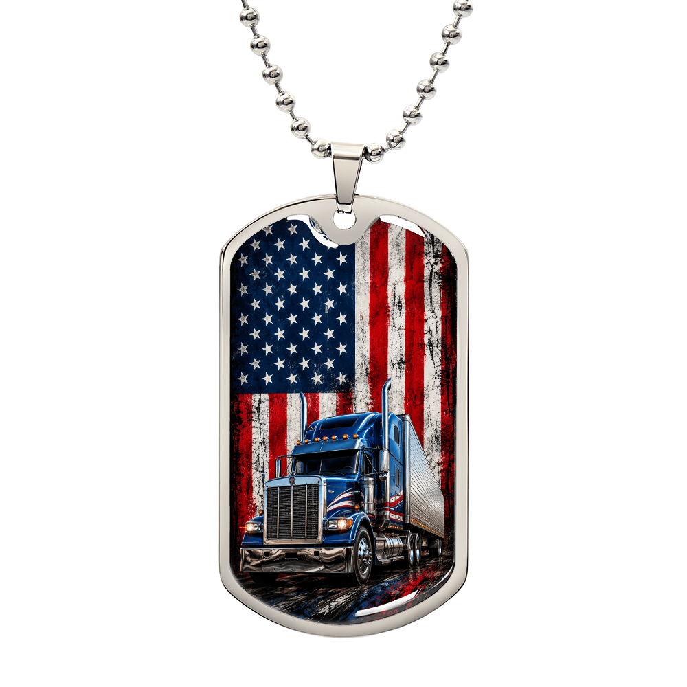 Patriotic American Flag Semi Truck Dog Tag Necklace | Trucker Gift for Men