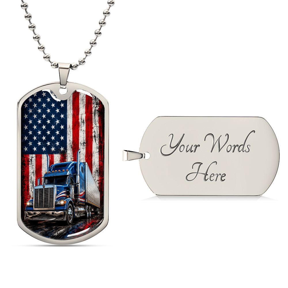 Patriotic American Flag Semi Truck Dog Tag Necklace | Trucker Gift for Men