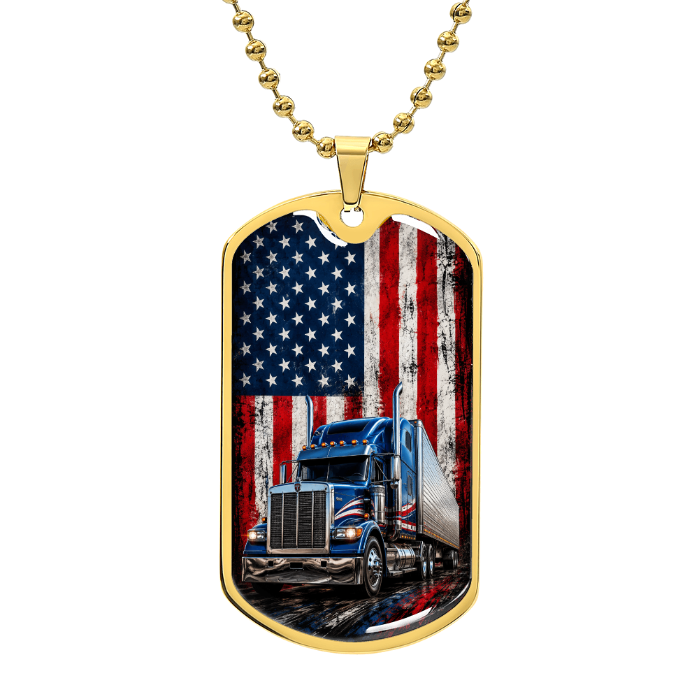 Patriotic American Flag Semi Truck Dog Tag Necklace | Trucker Gift for Men