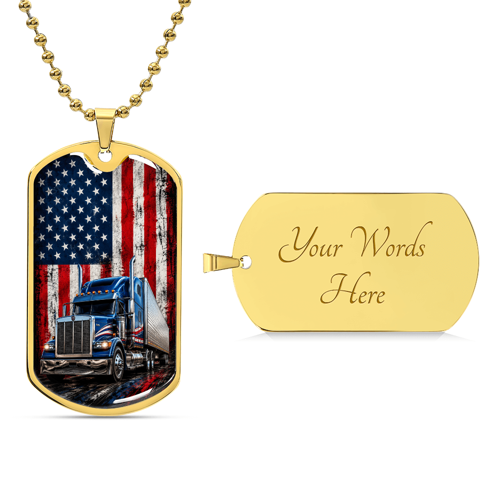 Patriotic American Flag Semi Truck Dog Tag Necklace | Trucker Gift for Men
