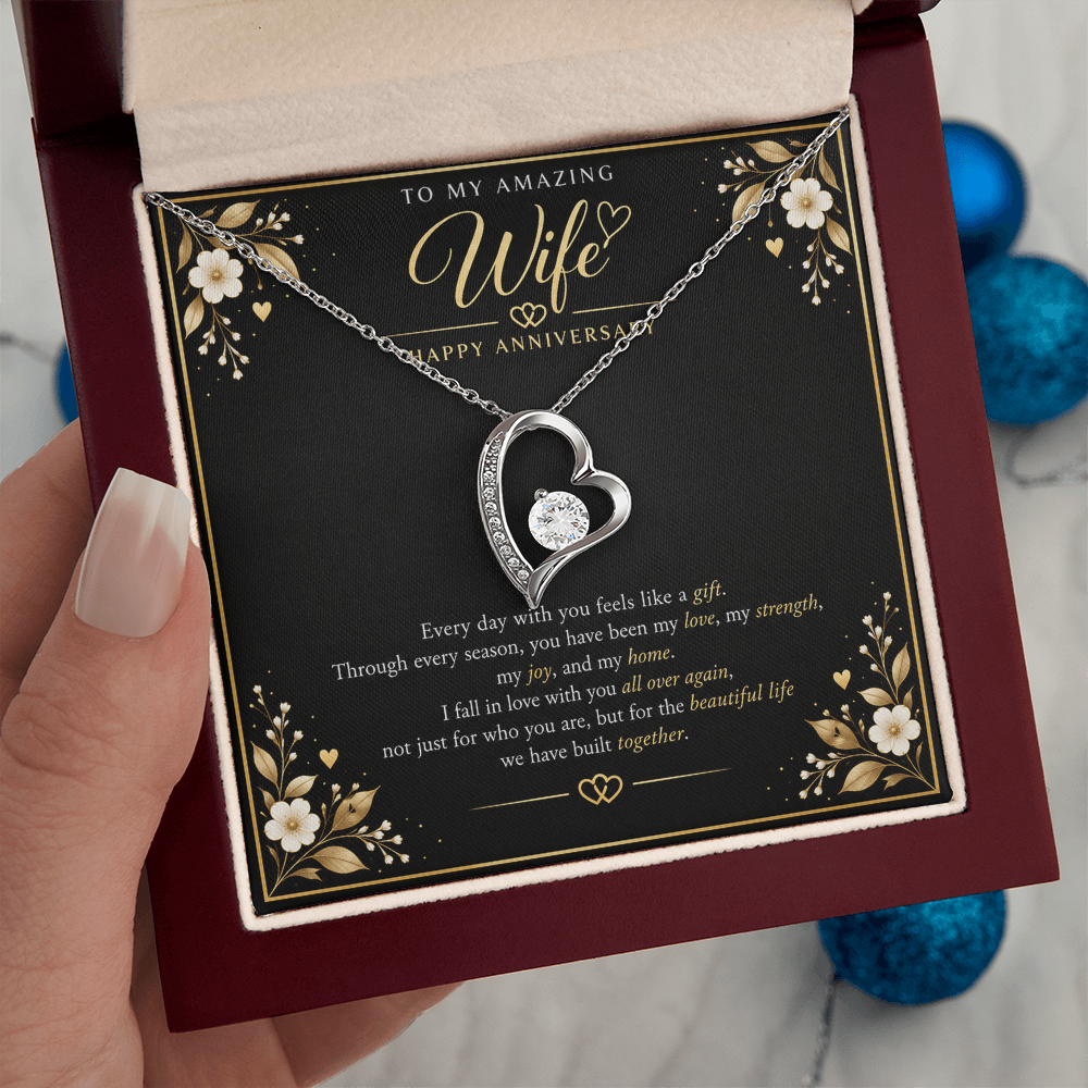 Forever Love Necklace for Wife – Happy Anniversary Gift with Heartfelt Message Card