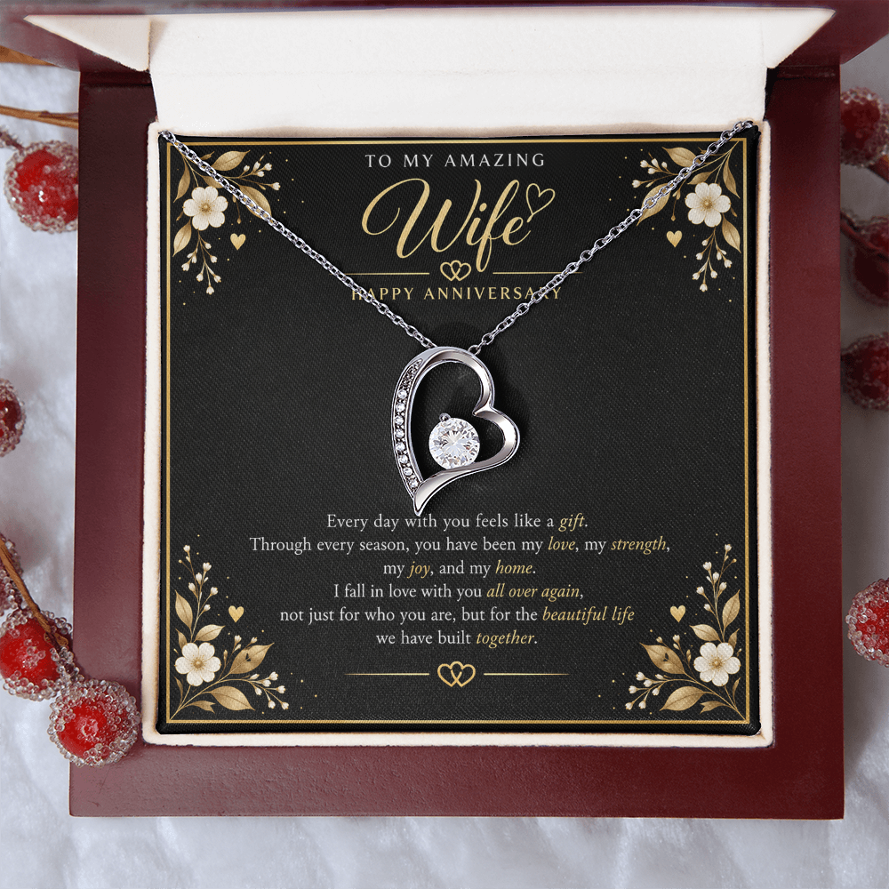Forever Love Necklace for Wife – Happy Anniversary Gift with Heartfelt Message Card