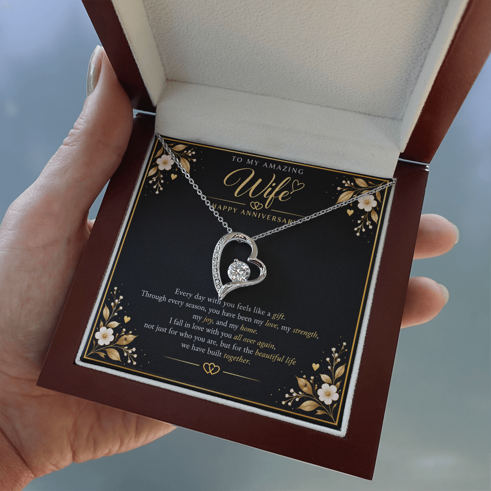 Forever Love Necklace for Wife – Happy Anniversary Gift with Heartfelt Message Card