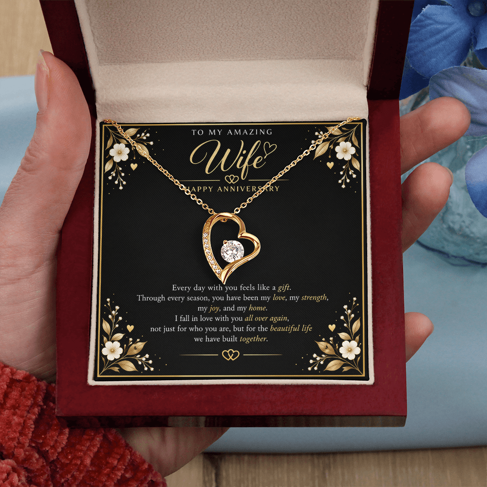 Forever Love Necklace for Wife – Happy Anniversary Gift with Heartfelt Message Card