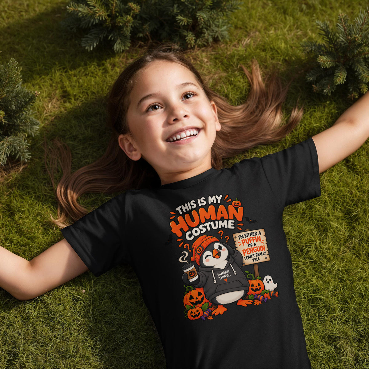 This Is My Human Costume Funny Penguin Halloween Puffin Kids T-Shirt