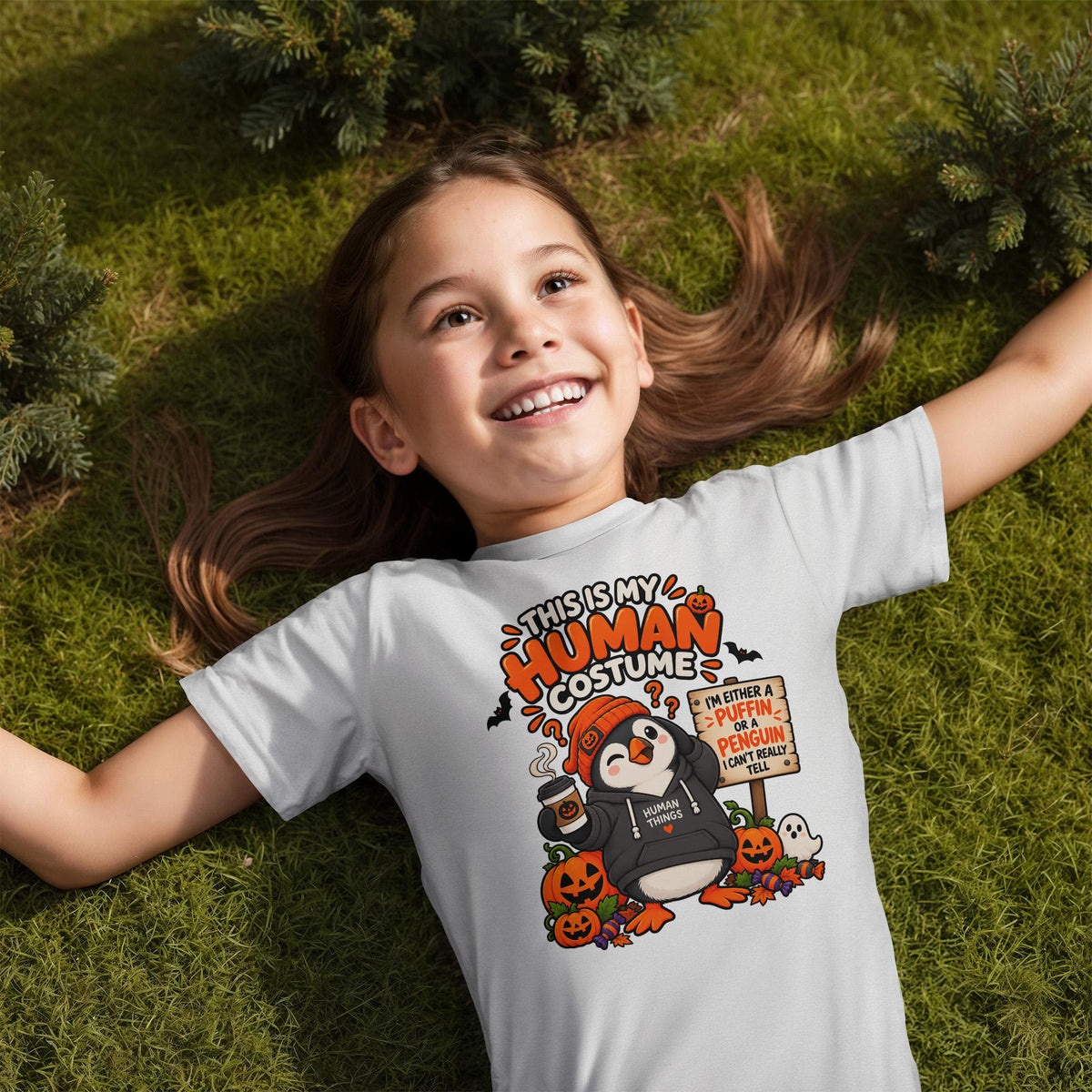 This Is My Human Costume Funny Penguin Halloween Puffin Kids T-Shirt