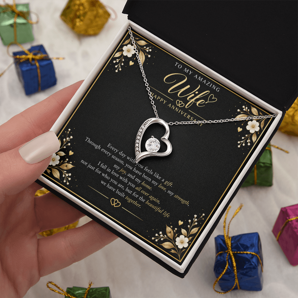 Forever Love Necklace for Wife – Happy Anniversary Gift with Heartfelt Message Card