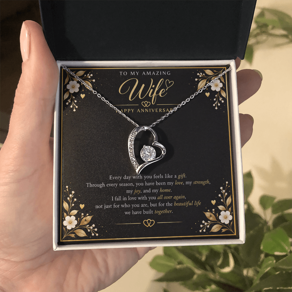 Forever Love Necklace for Wife – Happy Anniversary Gift with Heartfelt Message Card