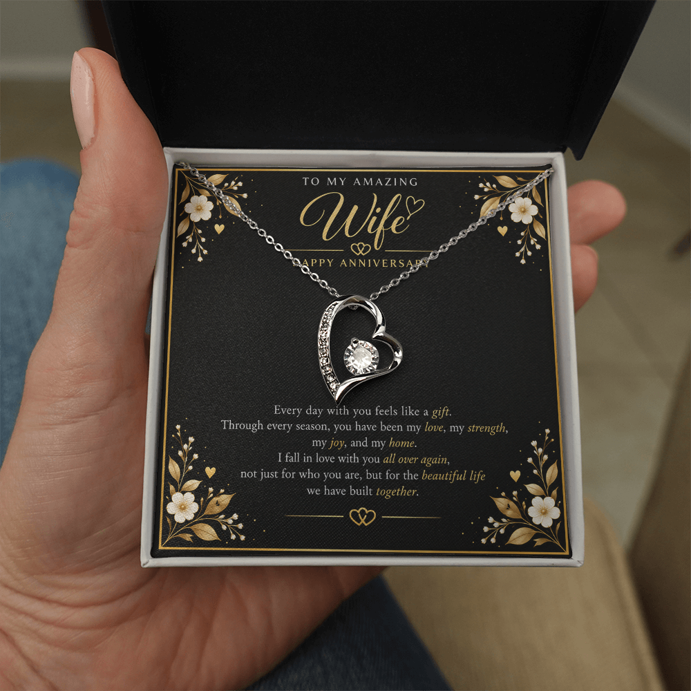 Forever Love Necklace for Wife – Happy Anniversary Gift with Heartfelt Message Card