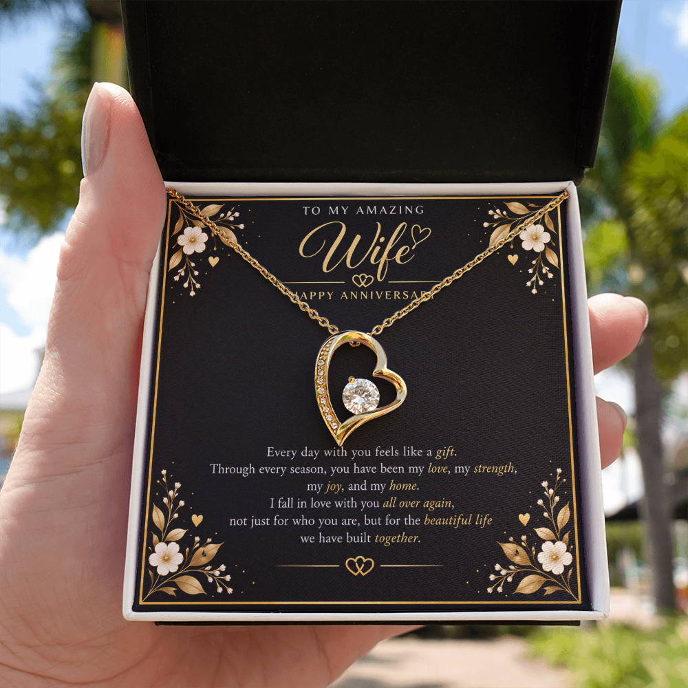 Forever Love Necklace for Wife – Happy Anniversary Gift with Heartfelt Message Card