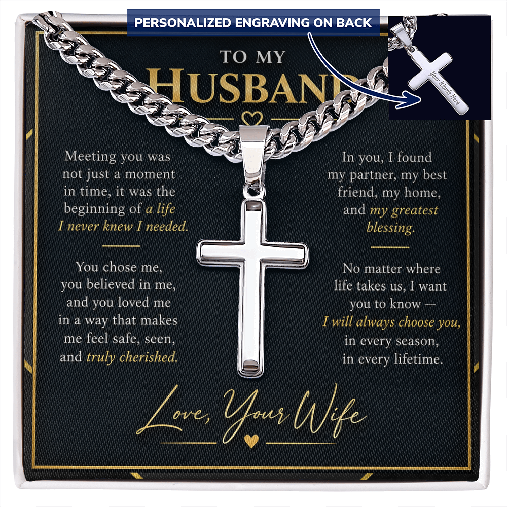 Personalized Cross Necklace with Cuban Link Chain – Gift for Husband