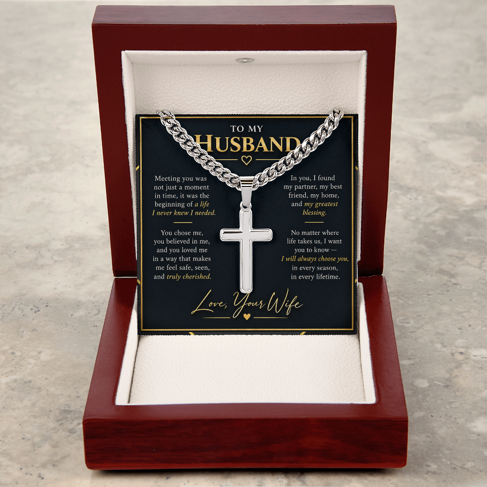 Personalized Cross Necklace with Cuban Link Chain – Gift for Husband