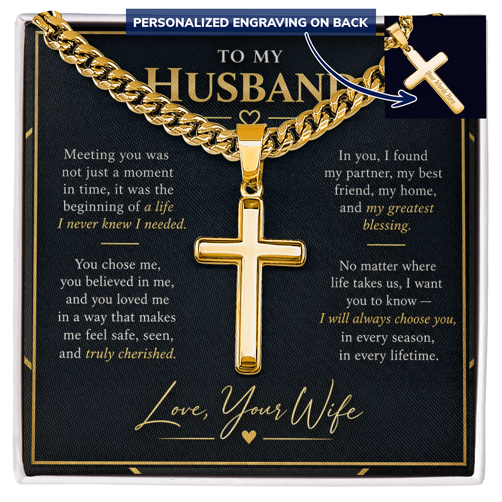 Personalized Cross Necklace with Cuban Link Chain – Gift for Husband