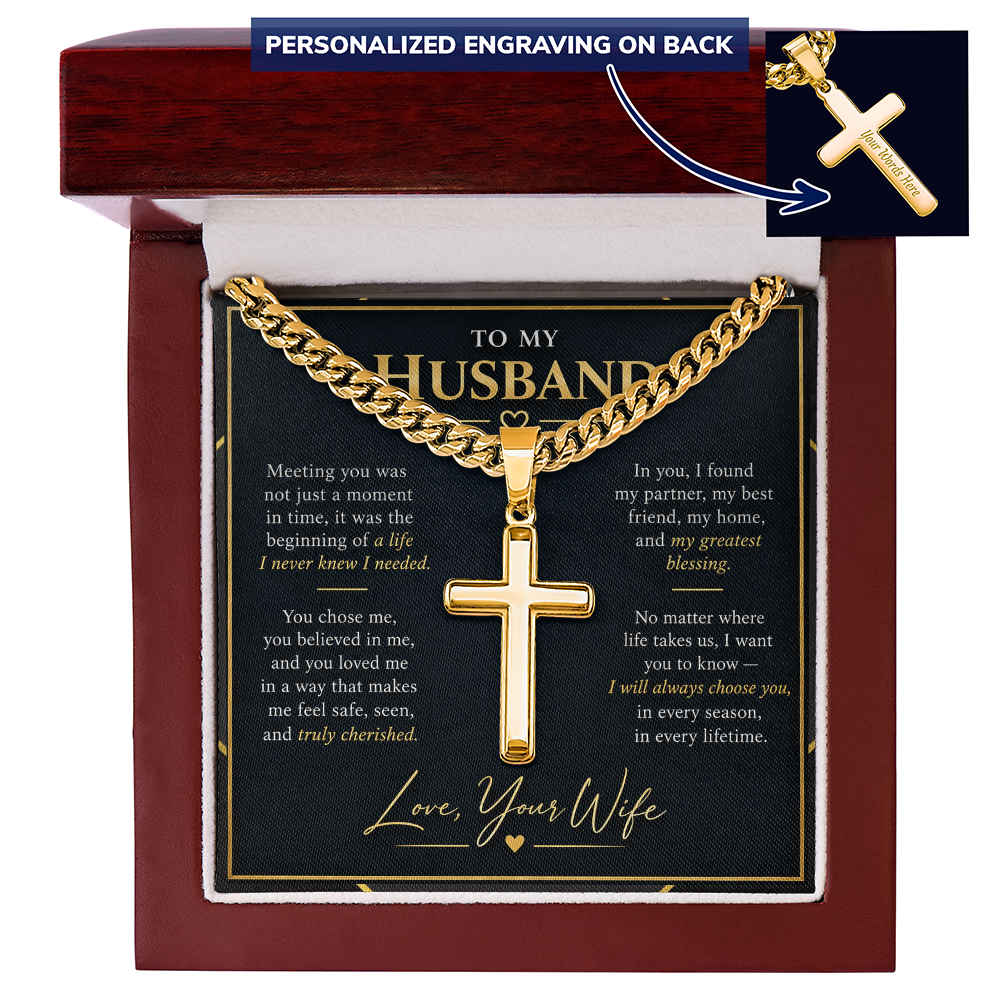 Personalized Cross Necklace with Cuban Link Chain – Gift for Husband